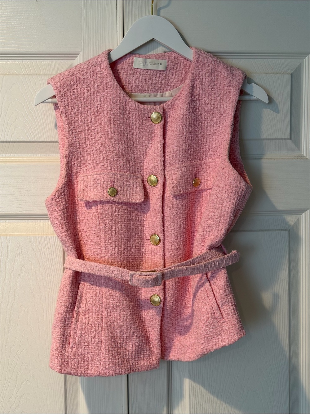 Zara Pink Tweed Belted Vest with Gold Buttons